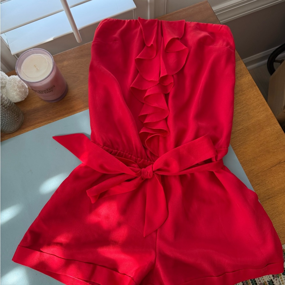 Express Vibrant Red Satin Garment strapless jumpsuit shorts